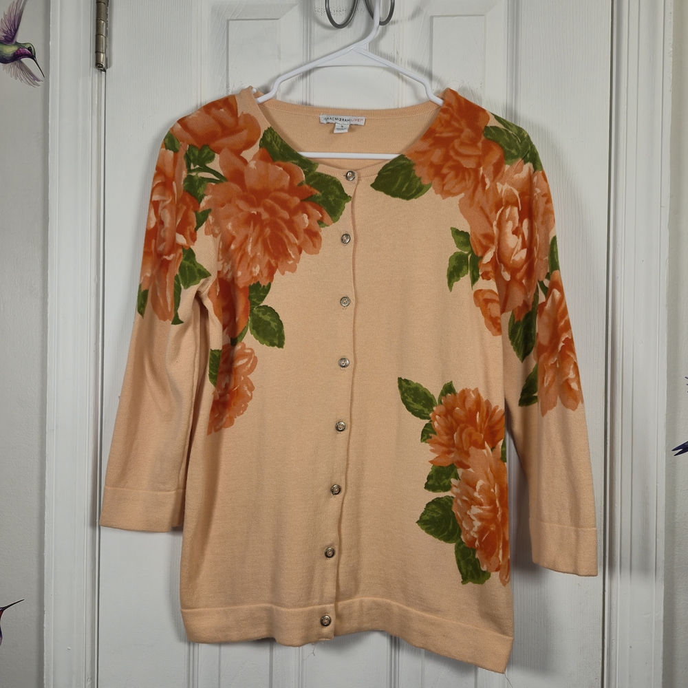 Isaac Mizrahi Live Peach Floral Shabby Chic 100% Cotton Knit Cardigan Sweater S